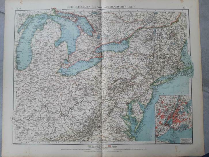 170-171 / Noord Oost Amerika met New York Litho uit 1899, Antiek en Kunst, Kunst | Litho's en Zeefdrukken, Ophalen of Verzenden