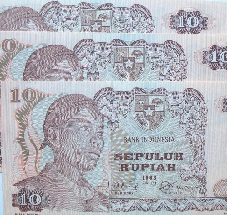 Indonesië lot je met 3x 10 rupiah 1968 (UNC), Postzegels en Munten, Bankbiljetten | Azië, Zuidoost-Azië, Ophalen of Verzenden
