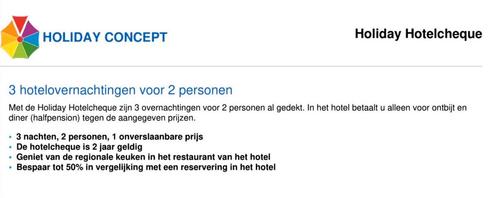 3 hotel overnachtingen van holiday concept, Tickets en Kaartjes, Hotelbonnen, Twee personen, 3 overnachtingen of meer