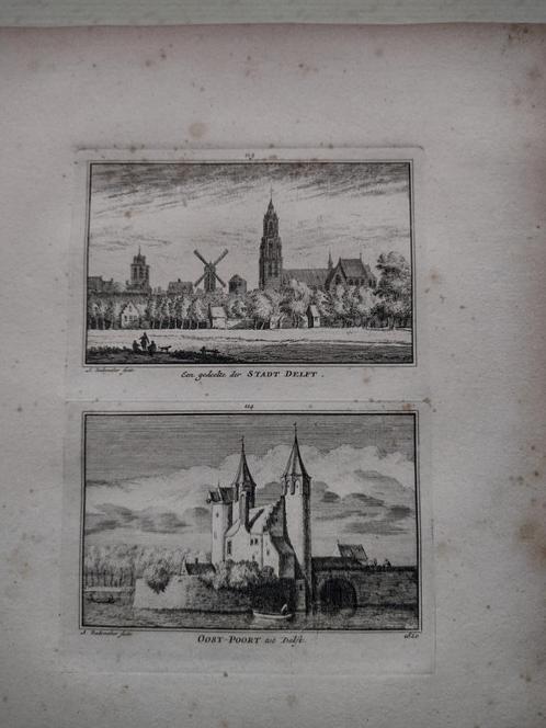 113-114 Delft de Oostpoort Kopergravure dl 3 18e Eeuw, Antiek en Kunst, Kunst | Etsen en Gravures, Ophalen of Verzenden