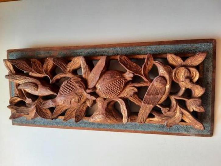 oud Aziatisch handgesneden houten paneeltje, Antiek en Kunst, Curiosa en Brocante, Ophalen of Verzenden