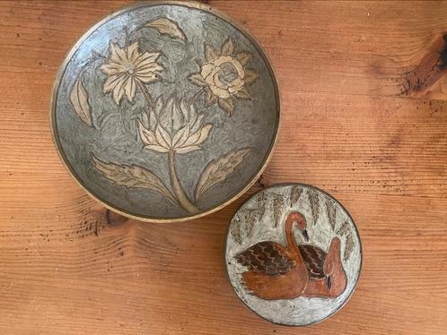 Beschildert koperen schaaltje en doosje, Antiek en Kunst, Curiosa en Brocante, Ophalen of Verzenden