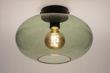 Plafondlamp groen glas of rookglas amber bed hal keuken lamp