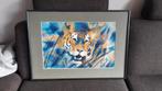 aquarel tijger kunst origineel blauw oranje, Antiek en Kunst, Ophalen of Verzenden
