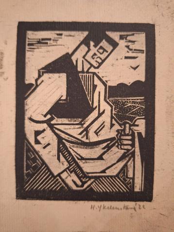 Originele Houtsnede cubisme  beschikbaar voor biedingen