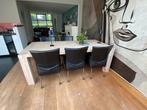 Eikenhouten whitewash eettafel met 6 leren fauteuils, Ophalen, Gebruikt, Eikenhout, 200 cm of meer