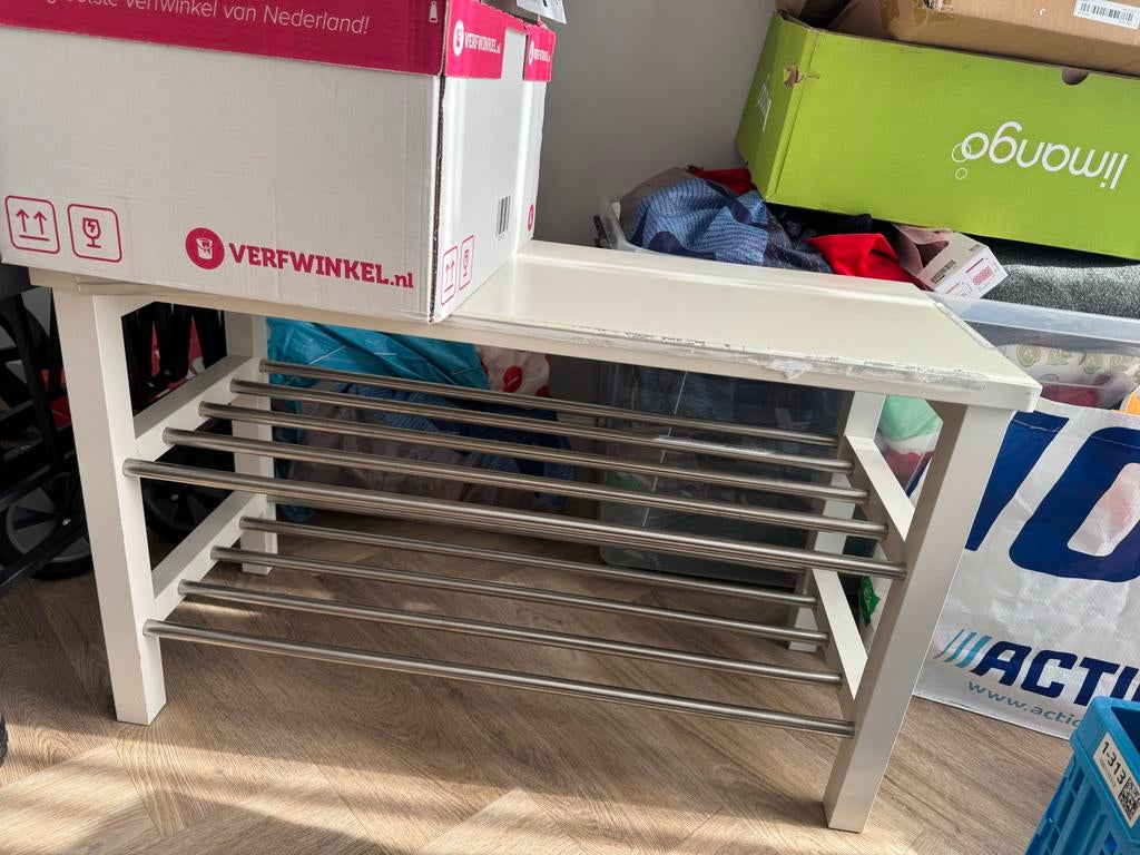 Schoenenrek met zitbankje - Wit met RVS stangen, Ophalen, Gebruikt