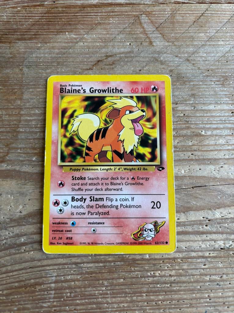 Blaine's Growlithe Pokémon kaart (Gym Heroes), Hobby en Vrije tijd, Verzamelkaartspellen | Pokémon, Ophalen of Verzenden, Gebruikt