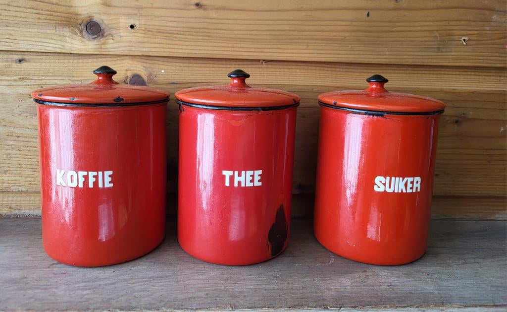 Antieke emaille bussen, koffie thee suiker, unieke deksels, Antiek en Kunst, Antiek | Emaille, Verzenden