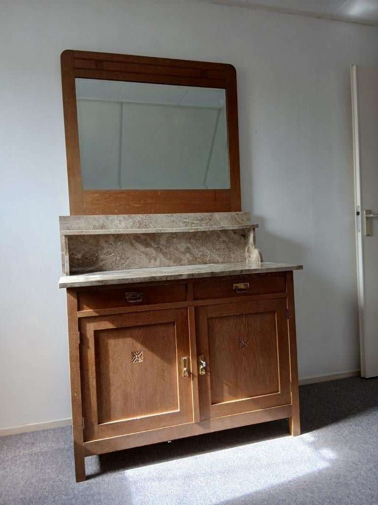 Antieke Houten kast met spiegel en marmeren blad wastafel, Antiek en Kunst, Ophalen of Verzenden