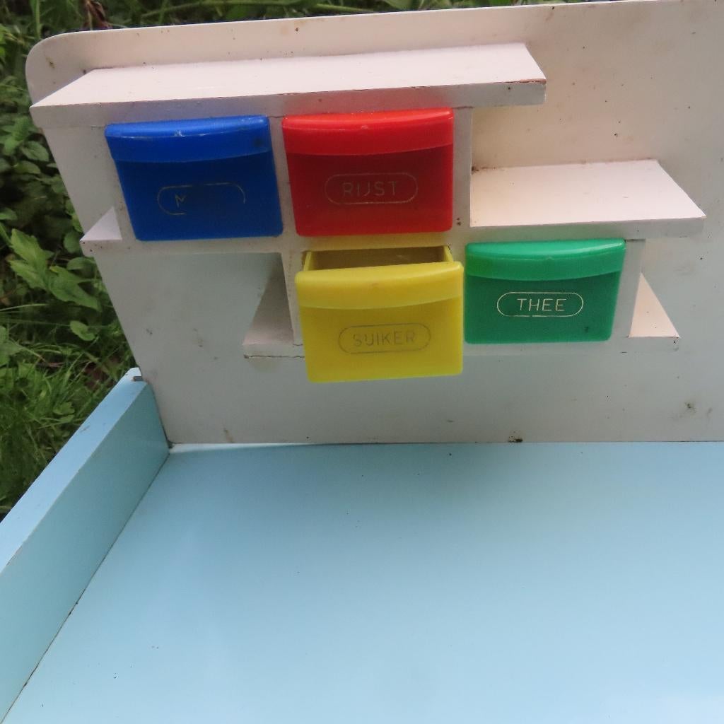 speelgoed hout Winkeltje hout met plastic bakjes 60er jaren, Verzenden, Gebruikt, Meubelstuk of Keukentje