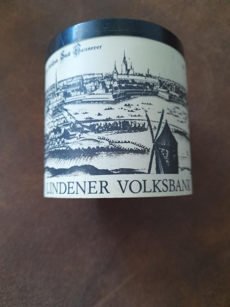 Vintage Lindener Volksbank spaarpot met stadsgezicht, Ophalen of Verzenden