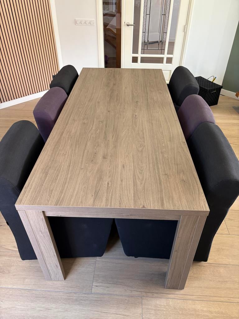Houten eettafel rechthoekig incl 6 stoelen, Ophalen, Gebruikt, 200 cm of meer, 50 tot 100 cm