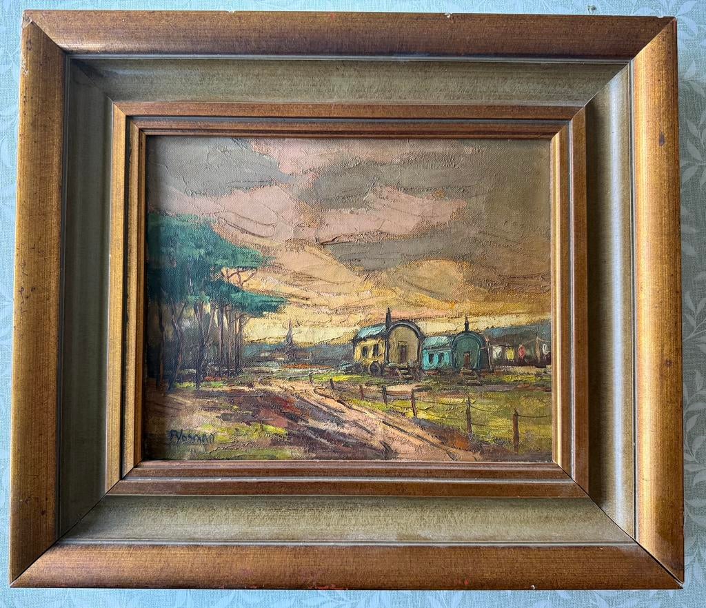 Schilderij woonwagens woonwagenkamp, Antiek en Kunst, Verzenden