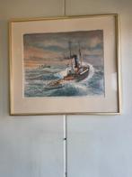 Aquarel Sleepboot op zee - Gesigneerd Ad M. Oudes, Antiek en Kunst, Kunst | Schilderijen | Klassiek, Ophalen of Verzenden