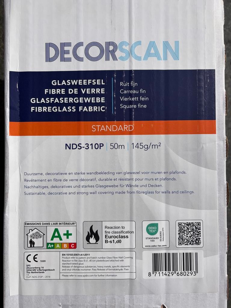 Nieuwe rol glasweefsel behang - 45m - DecorScan NDS 310P, Huis en Inrichting, Stoffering | Behang, Ophalen, 25 tot 50 m², Wit