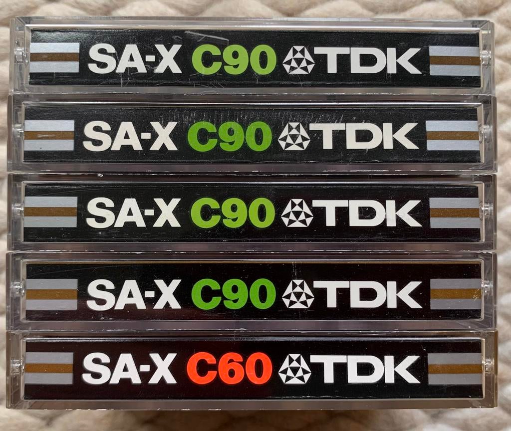 5x TDK SA-X C90 C60 JAPAN 1979 cassettebandjes SAX 90 60, Gebruikt, 2 t/m 25 bandjes, Ophalen of Verzenden, Voorbespeeld