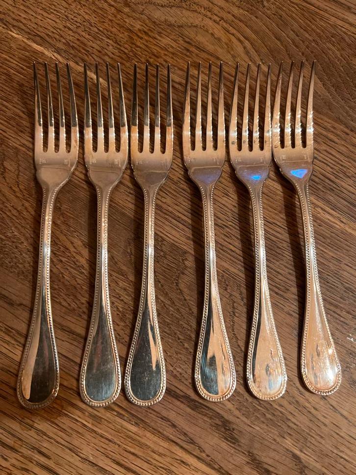 Zes verzilverde Christofle Perles vorken uit Frankrijk, Antiek en Kunst, Antiek | Bestek, Ophalen of Verzenden