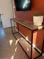 Teak Houten Side Table met Zwart Stalen Geraamte, Gebruikt, Teakhout, Ophalen of Verzenden, 150 tot 200 cm