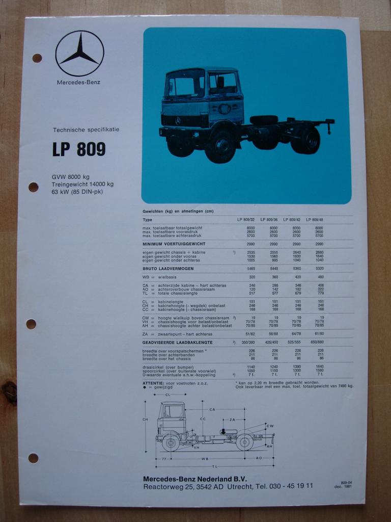 Mercedes LP 809 Technische Specificatie folder 1981 LP809, Zo goed als nieuw, Mercedes-Benz, Mercedes, Ophalen of Verzenden