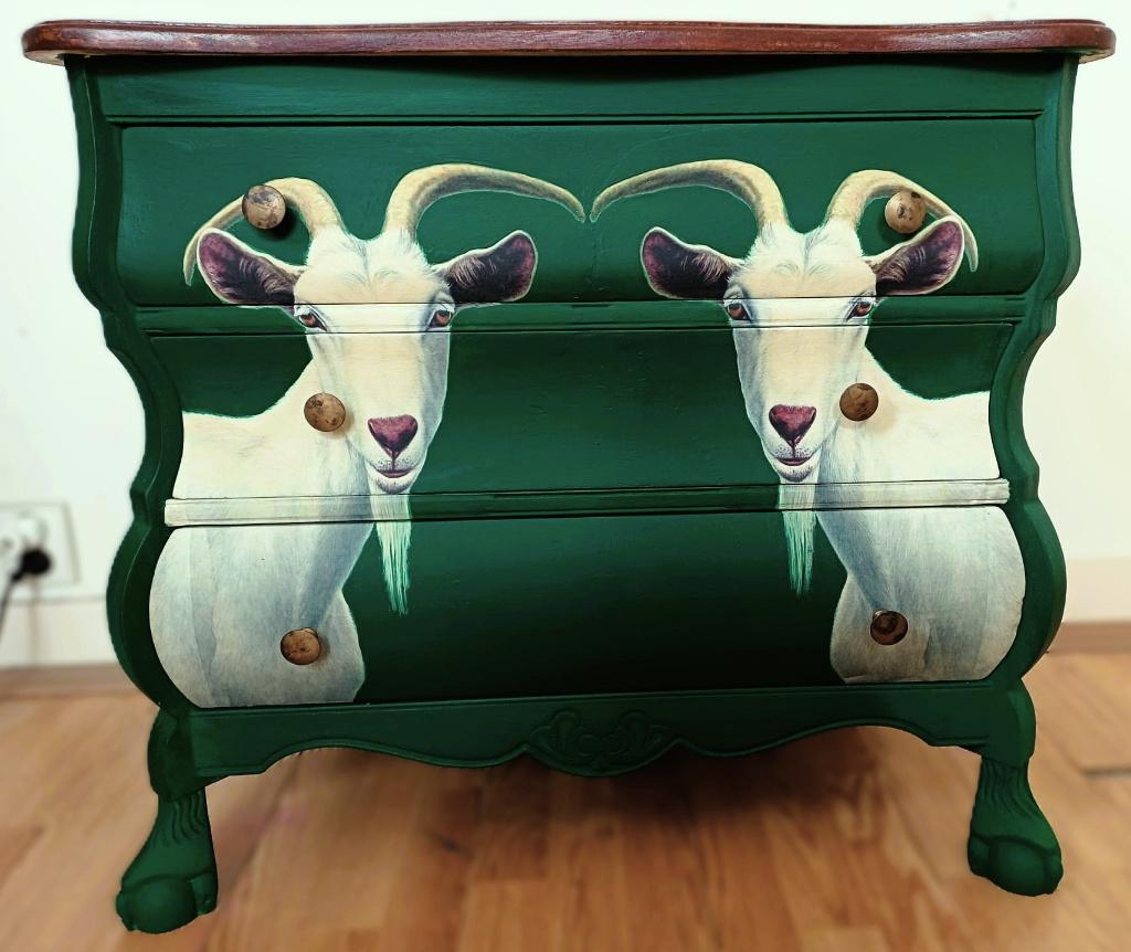 Groene ladekast, buikkastje “Geit”, kast, Zo goed als nieuw, 3 of 4 laden, Minder dan 100 cm, 25 tot 50 cm