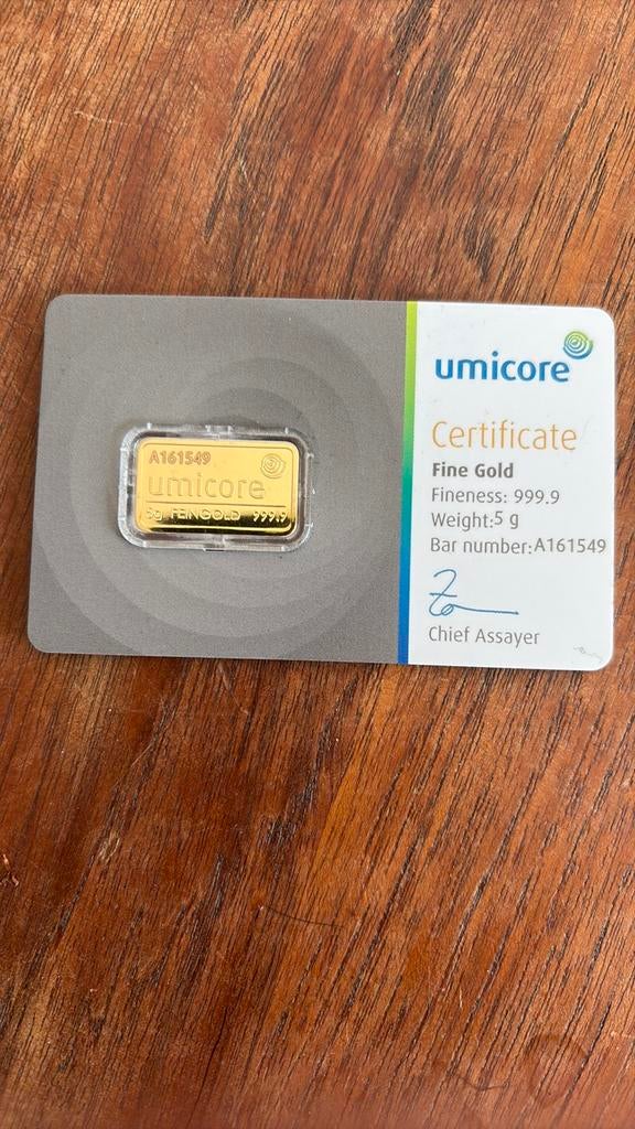Umicore goudbaar 5gr, Postzegels en Munten, Edelmetalen en Baren, Ophalen, Goud