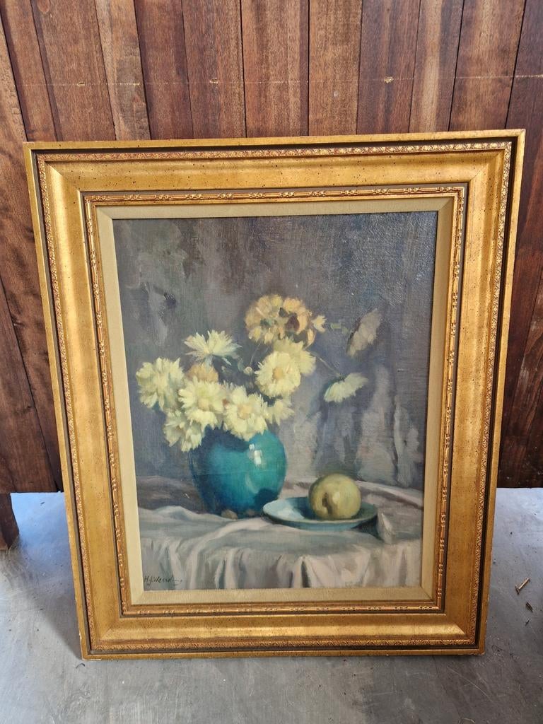 Oud Schilderij Chrysanten H.J. Wesseling, Ophalen of Verzenden