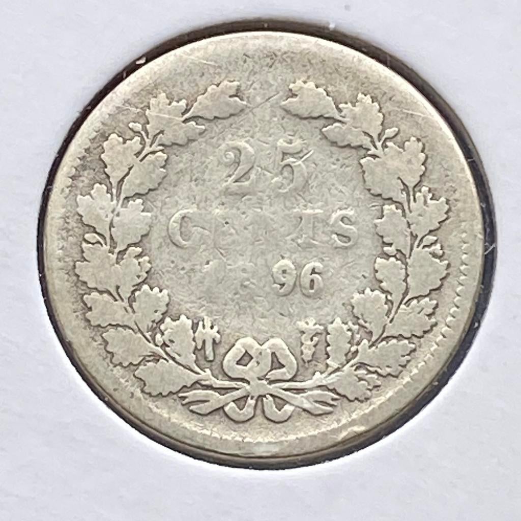 25 Cent Zilver uit 1896 van Wilhelmina, Postzegels en Munten, Munten | Nederland, Verzenden, Zilver, 25 cent, Koningin Wilhelmina