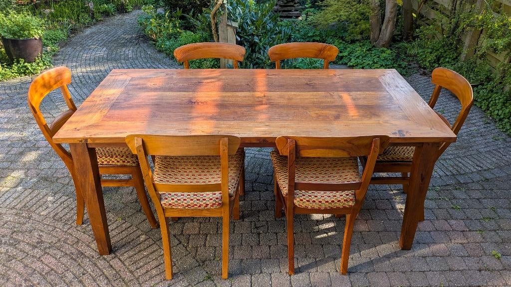 Massief notenhouten Art Deco eetkamerset: tafel en 6 stoelen, Antiek en Kunst, Ophalen