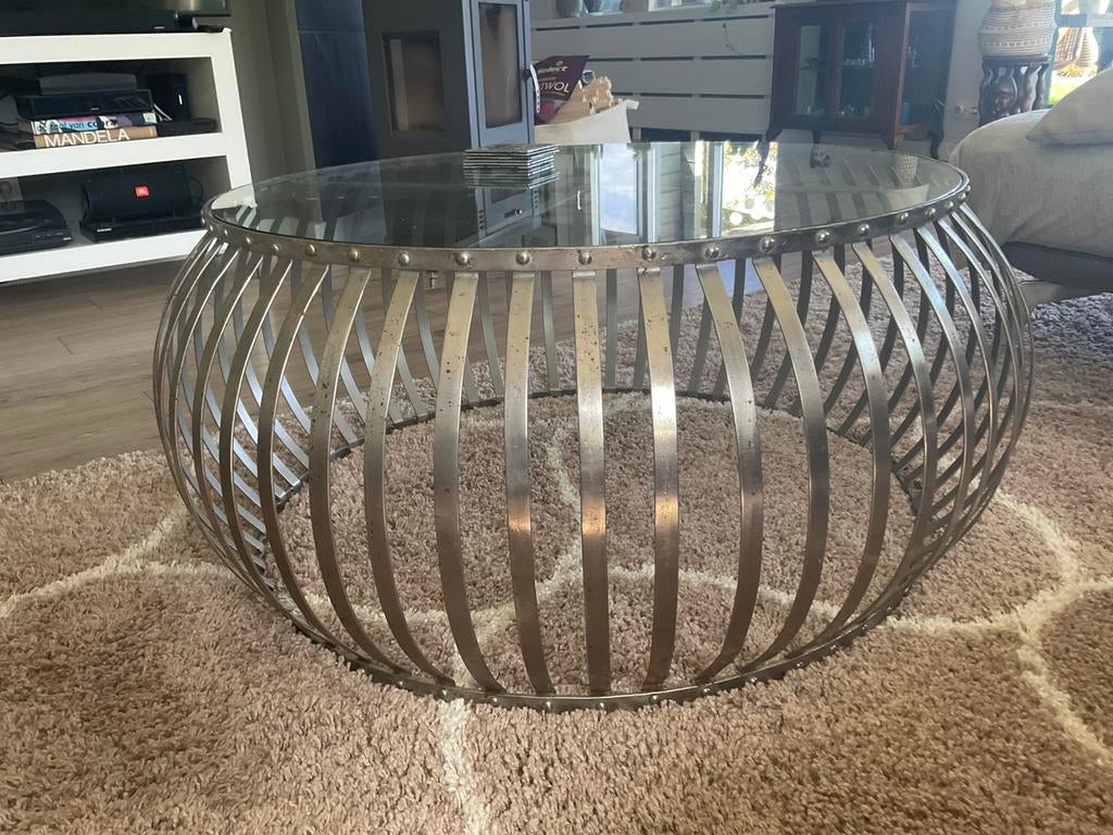 Unieke salontafel metaal met glas, Ophalen, Gebruikt, 50 tot 100 cm, Modern, tijdloos