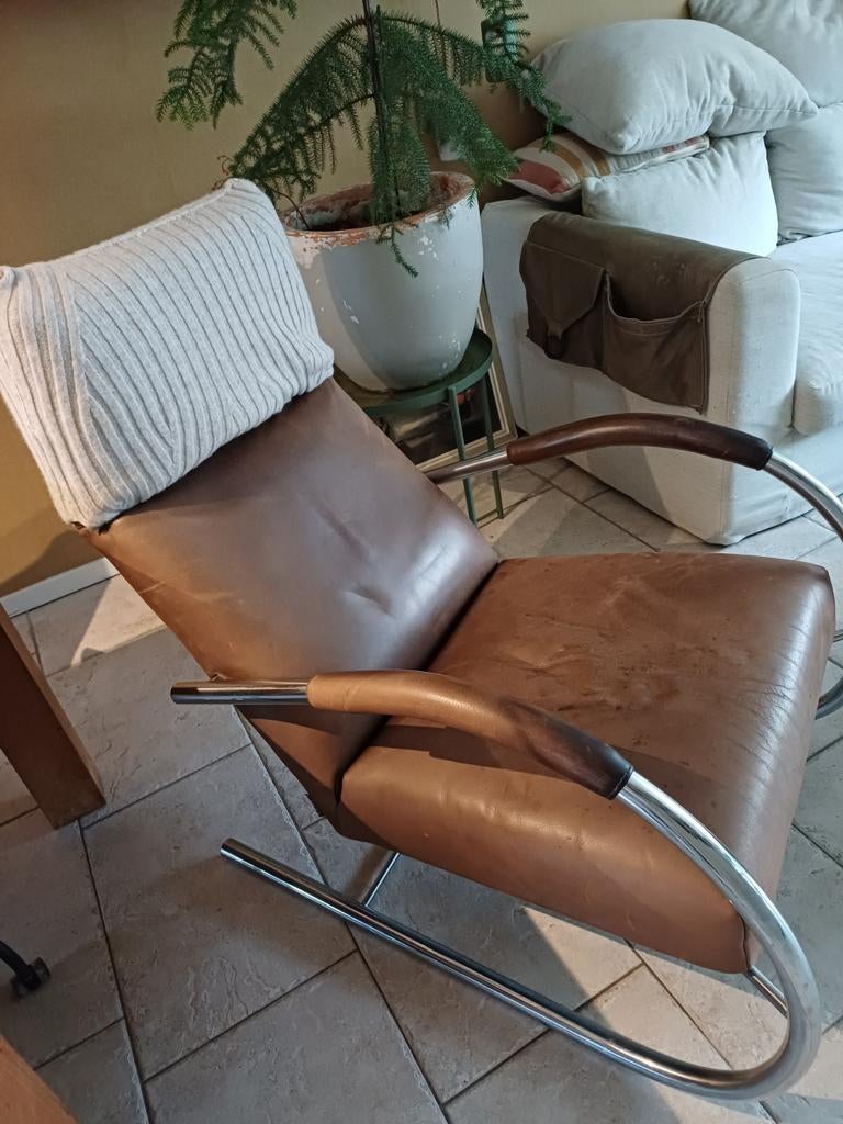 Vintage Leren Fauteuil met Chromen Frame. LABEL SPEEDSTER, Huis en Inrichting, Stoelen, Gebruikt, Bruin, Ophalen of Verzenden