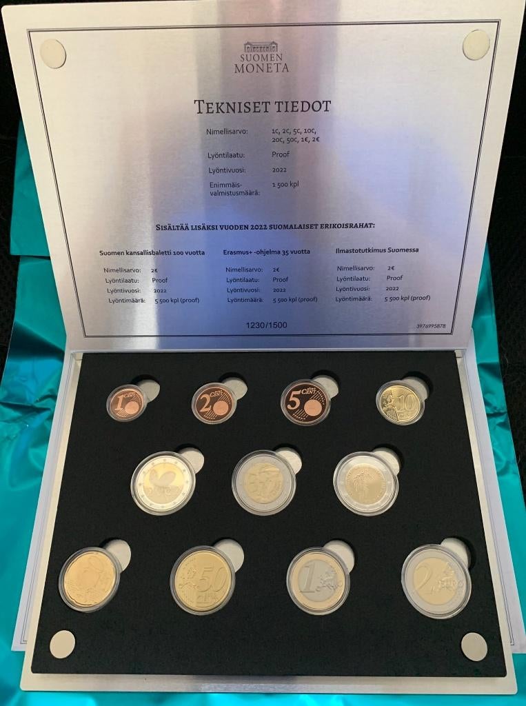 Proof set Finland 2022 (1 Cent - 2 Euro + 3x 2 Euro), Verzenden, Finland, Overige waardes, Setje