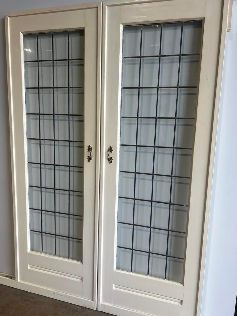 Antieke oude ensuite / schuifdeuren glas in lood, 120 cm of meer, Binnendeur, Ophalen of Verzenden, 200 tot 215 cm