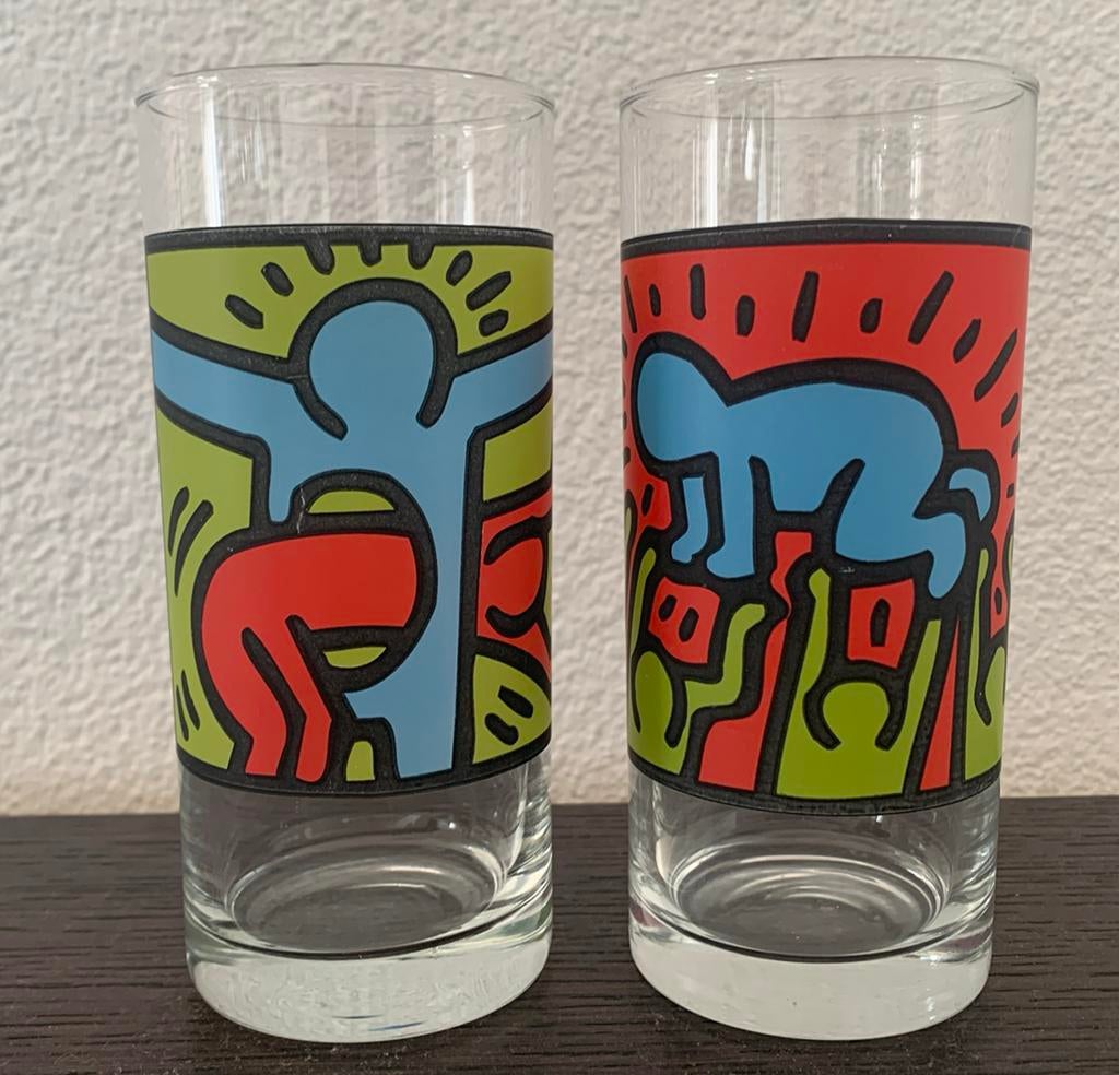 Set Longdrink/frisglazen met Keith Haring opdruk, Ophalen of Verzenden, Gebruikt, Frisdrankglas