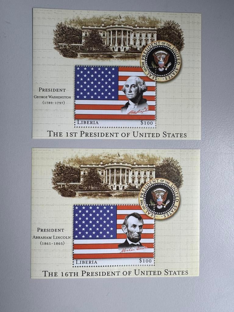 Liberie 2x blok George Washington Abraham Lincoln, Ophalen of Verzenden, Postfris