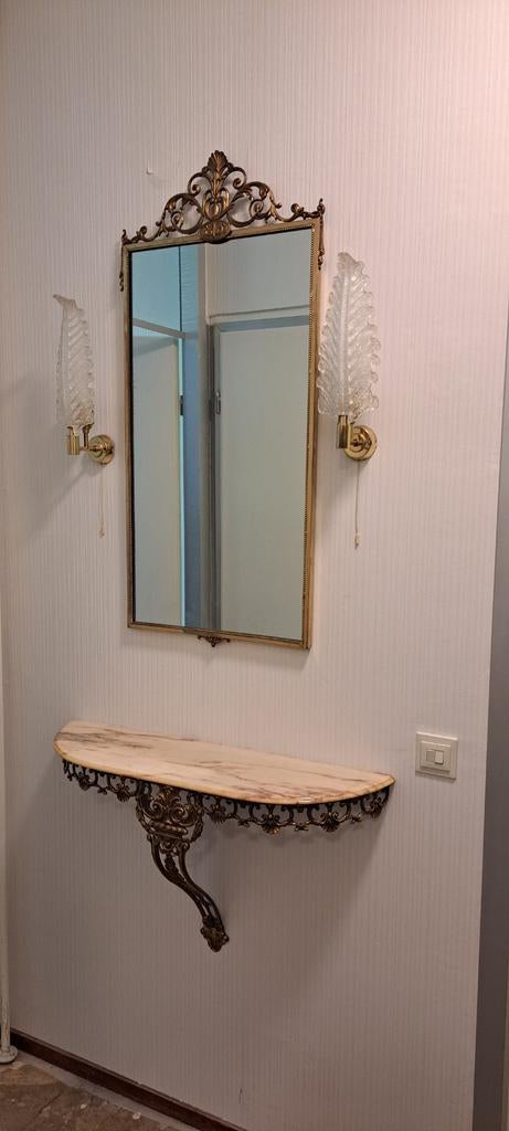 Antieke spiegel met marmeren console en glazen lampjes, Antiek en Kunst, Ophalen, Rechthoekig, Minder dan 50 cm, Minder dan 100 cm