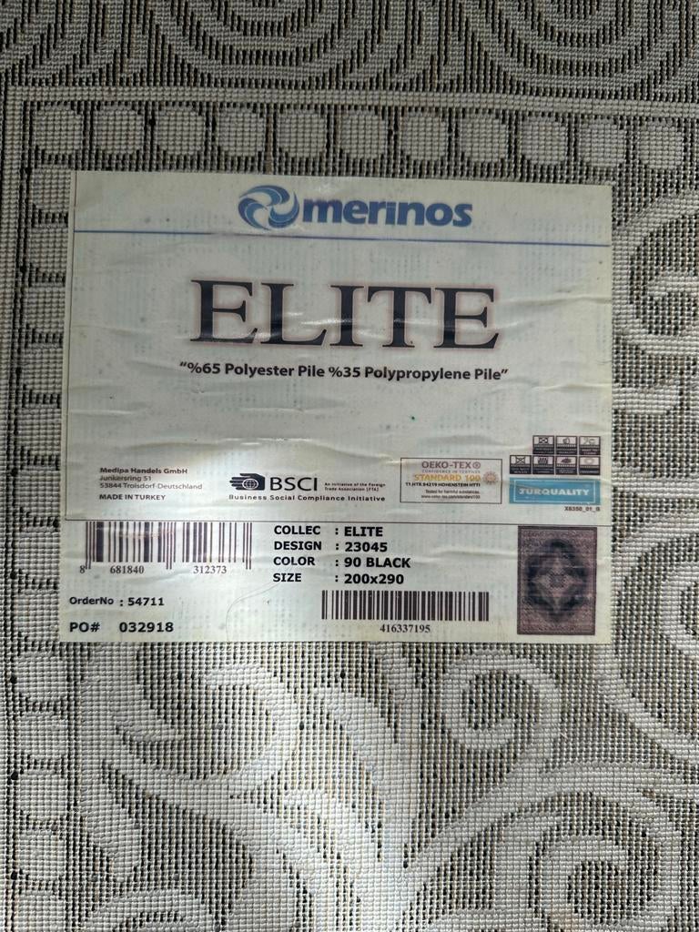 Merinos Elite Vloerkleed Zwart/Wit 200x290 cm, Zwart, Ophalen of Verzenden, Zo goed als nieuw, 200 cm of meer