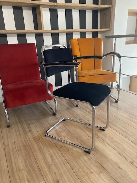 4 Gispen 201 stoelen, chroom, nieuwe zwarte ribstof, Huis en Inrichting, Zwart, Design, Zo goed als nieuw, Nvt