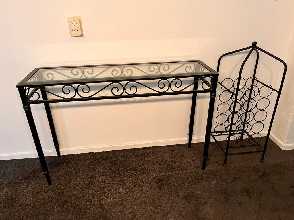 Sidetable met glasplaat en wijnrek ijzer, Ophalen, Gebruikt, 5 tot 15 flessen, Metaal