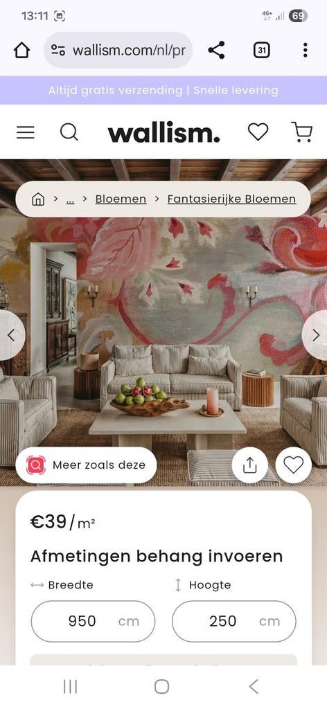 Fotobehang wallism, Ophalen of Verzenden, 10 tot 25 m², Roze, Bloemen