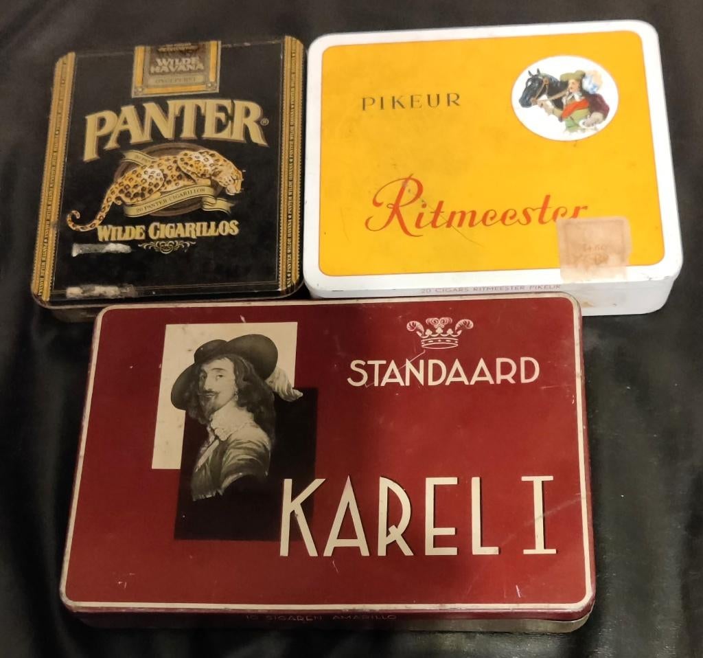 3 oude sigaren blikjes Karel  I,  Ritmeester en Panter, Ophalen of Verzenden, Zo goed als nieuw, Tabaksdoos of Verpakking
