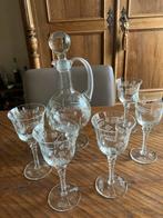 Vintage Glazen Karaf met 5 Wijnglazen - Bloemmotief, Ophalen