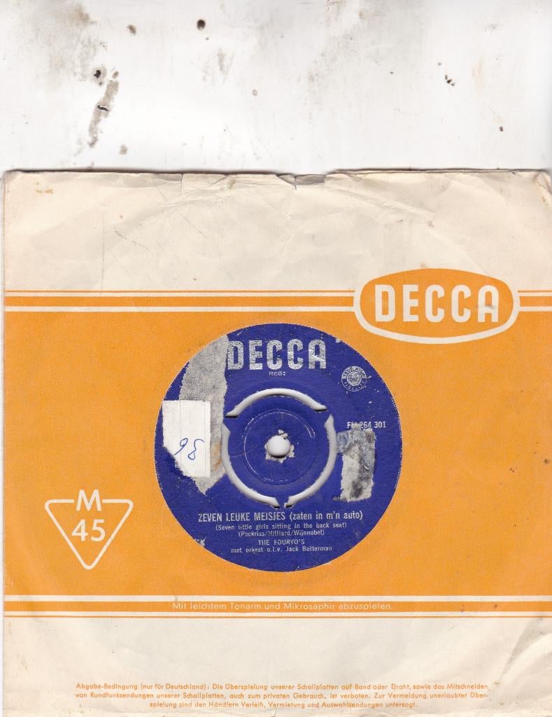 Fouryo's ( 1960 ), Cd's en Dvd's, Ophalen of Verzenden, Gebruikt, 7 inch, Levenslied of Smartlap