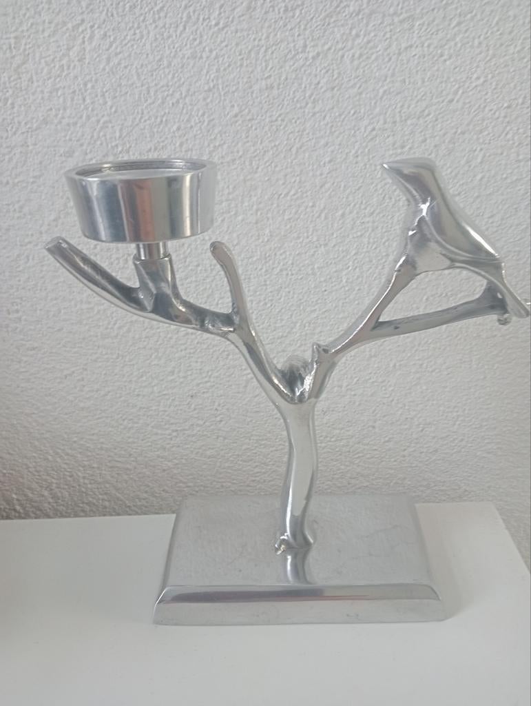 Aluminium kandelaar voor waxinelichtje vogel op tak, Huis en Inrichting, Ophalen of Verzenden, Zo goed als nieuw, Metaal, Kandelaar