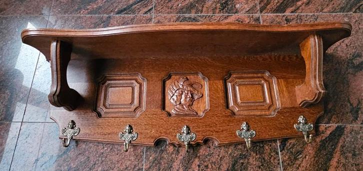 Vintage Eiken Wandkapstok met Plank en 5 Haken, Huis en Inrichting, Woonaccessoires | Kapstokken, Zo goed als nieuw, Hout, Ophalen
