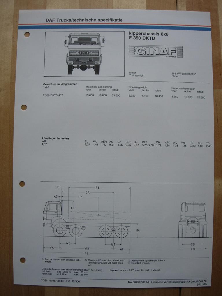 GINAF F350 DKTD Technische Specificatie Folder 1982 – 8x8, Ophalen of Verzenden, Zo goed als nieuw, Overige merken, GINAF