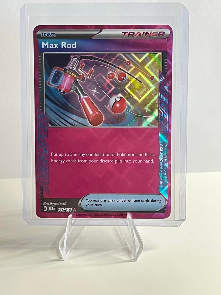 Max Rod 116/131 Prismatic Evolutions, Ophalen of Verzenden, Zo goed als nieuw, Losse kaart, Foil