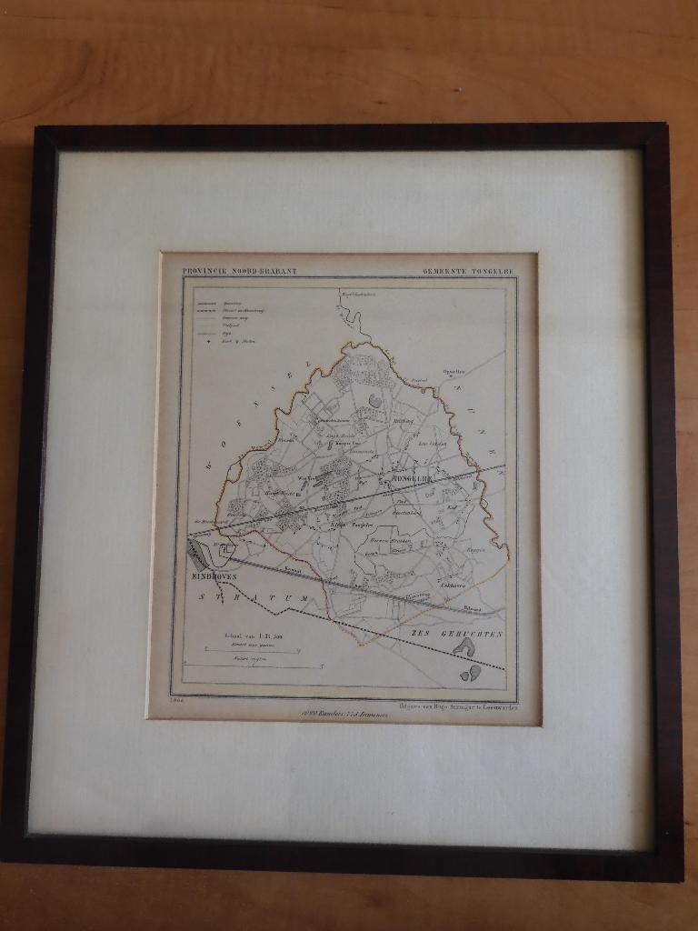 origineel Kuyperkaartje Tongelre bij Eindhoven 1868 in lijst, Gelezen, Ophalen of Verzenden, Landkaart, Jacob Kuyper