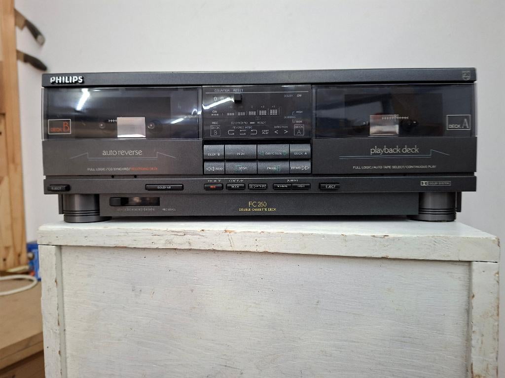 vintage uitgebreide dubbele cassettedeck philips fc260, Audio, Tv en Foto, Ophalen of Verzenden, Dubbel, Philips, Auto-reverse