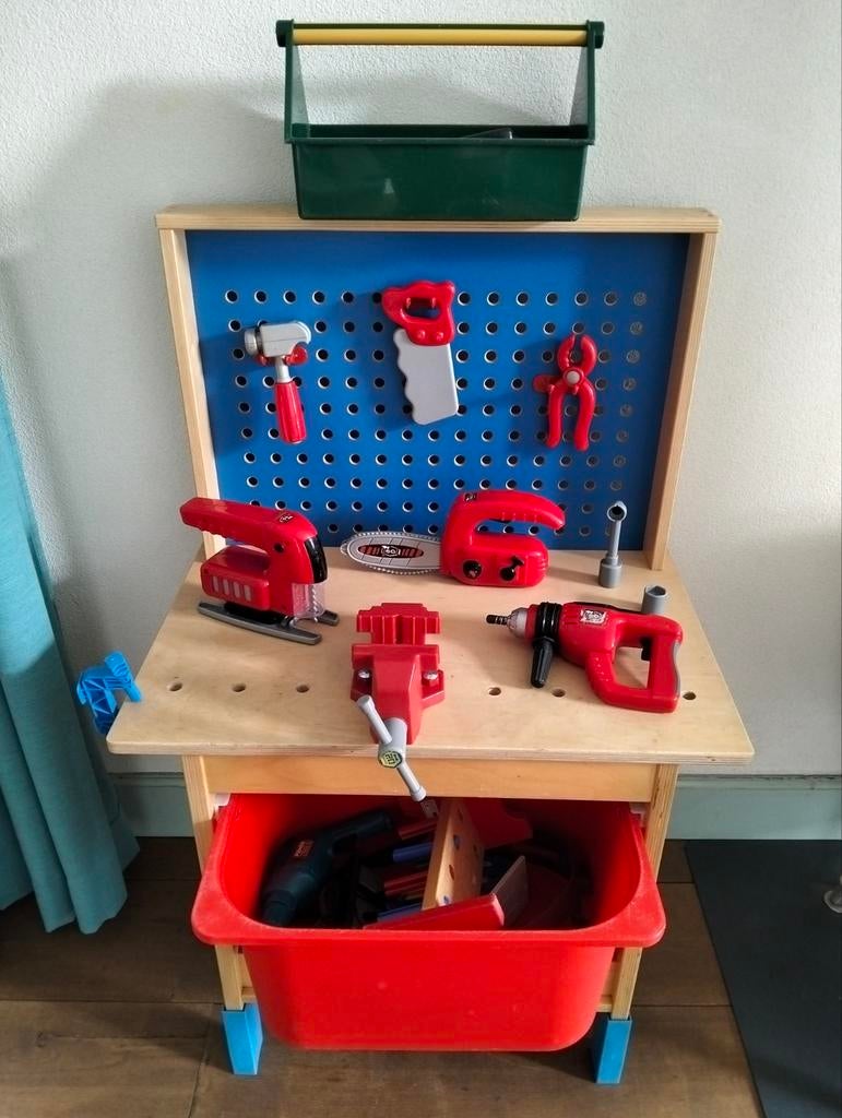 Houten kinderwerkbank met gereedschap en opbergbak, Ophalen